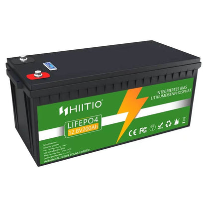 HIITIO LiFePO4-batterier 200Ah 12V litiumbatteri Inbyggt 200A BMS, Max.6000 cykler och 2560W uteffekt 
