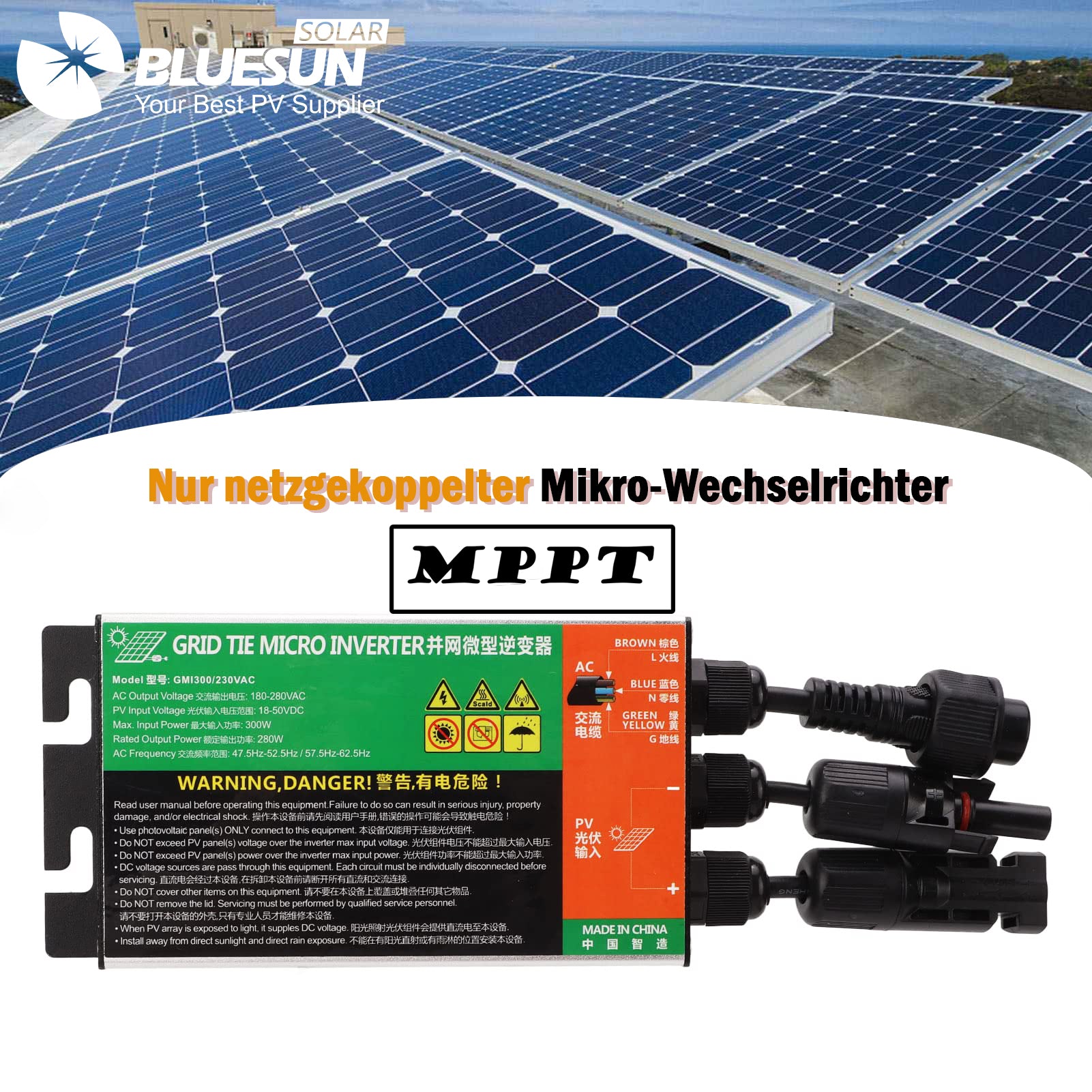 BLUESUN GMI300 300W 230V MPPT Netzgekoppelter Mikro-Wechselrichter 18-50V Solarer Eingang AC 180-280V Output - Bluesun Solar DE